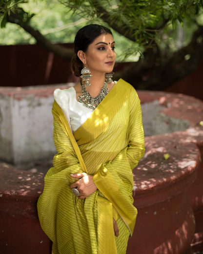 Olive Green Bandhanii Pattern Digital Print Chanderi Saree With Zari Border