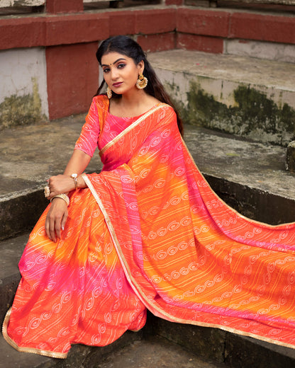 Candy Red And Carrot Orange Bandhanii Pattern Digital Print Crepe Silk Saree With Sequins Lace