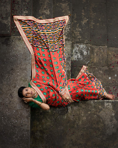Barn Red And Green Bandhanii Pattern Digital Print Georgette Satin Saree With Premium Lace