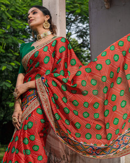 Barn Red And Green Bandhanii Pattern Digital Print Georgette Satin Saree With Premium Lace