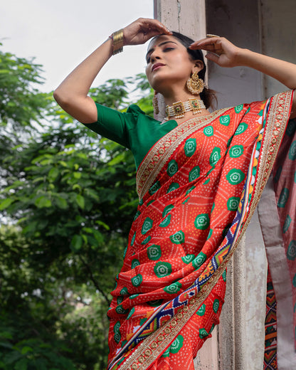 Barn Red And Green Bandhanii Pattern Digital Print Georgette Satin Saree With Premium Lace