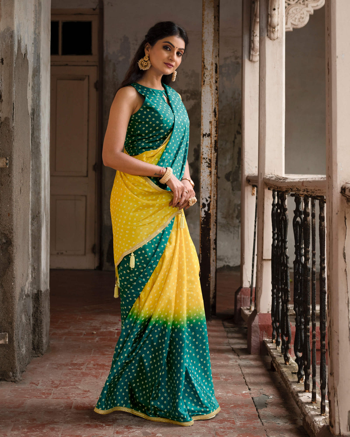 Yellow And Prussian Green Bandhani Pattern Digital Print Crepe Silk Saree With Lace Border