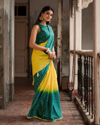 Yellow And Prussian Green Bandhanii Pattern Digital Print Crepe Silk Saree With Lace Border