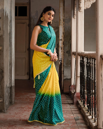 Yellow And Prussian Green Bandhanii Pattern Digital Print Crepe Silk Saree With Lace Border