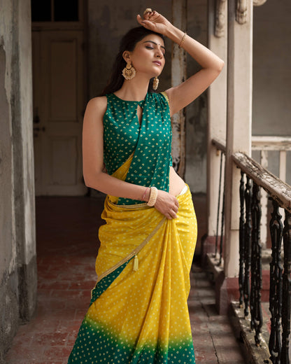 Yellow And Prussian Green Bandhanii Pattern Digital Print Crepe Silk Saree With Lace Border
