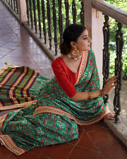 Green Patolaa Pattern Digital Print Georgette Satin Saree With Premium Lace