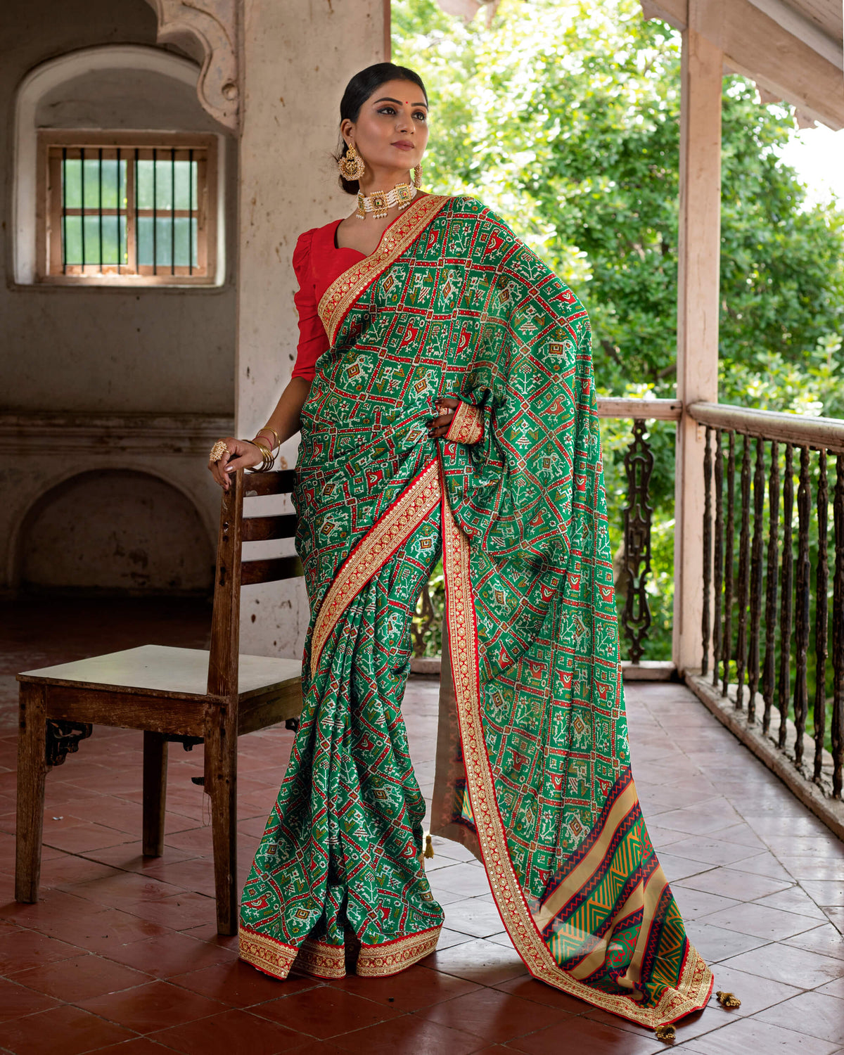 Green Patola Pattern Digital Print Georgette Satin Saree With Premium Lace