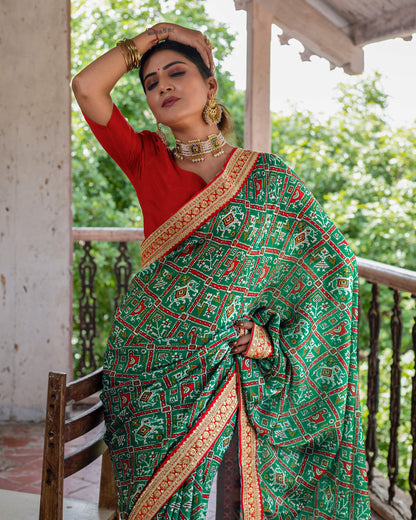 Green Patolaa Pattern Digital Print Georgette Satin Saree With Premium Lace