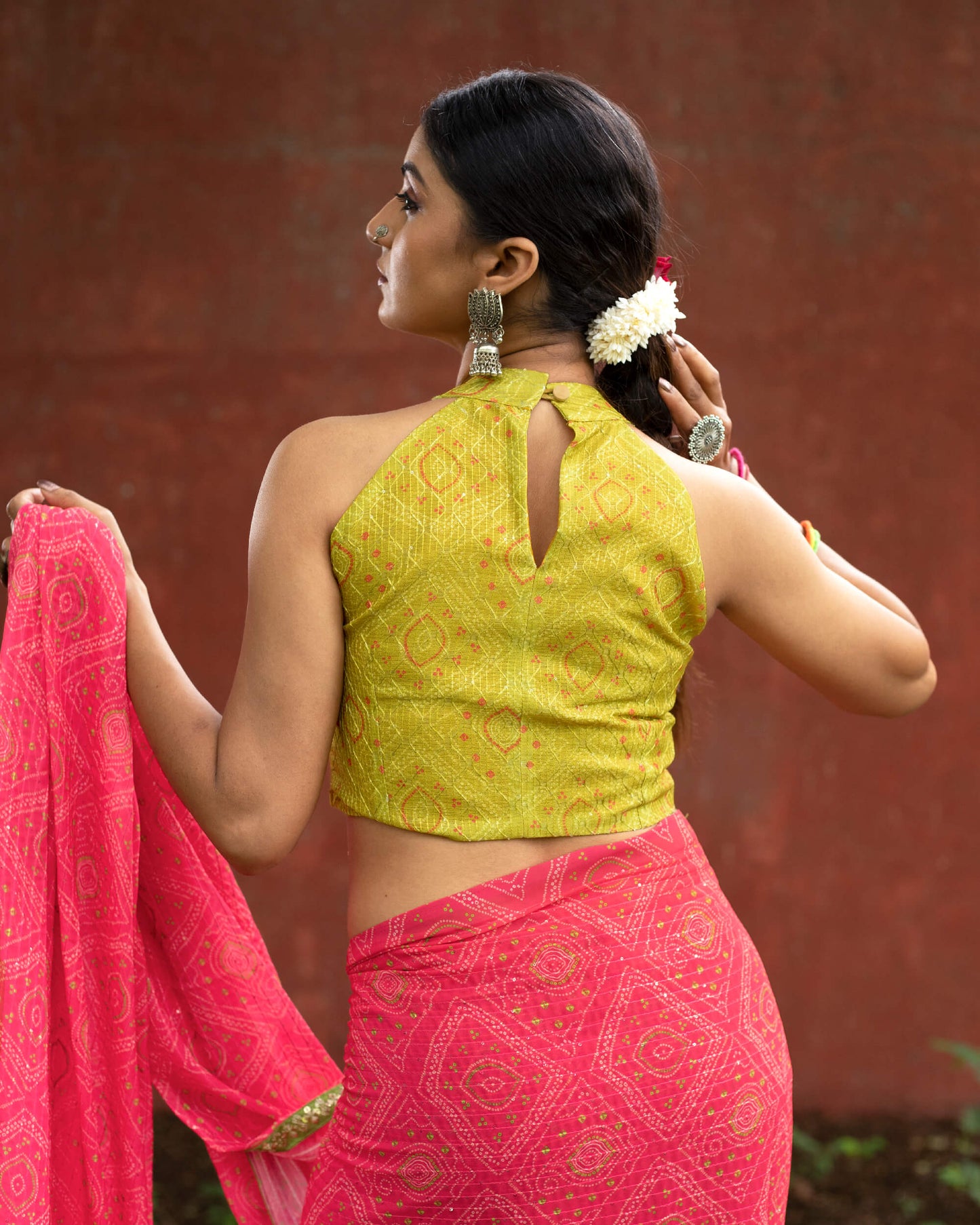 Cerise Pink And Green Bandhani Pattern Digital Print Sequins Georgette Saree With Lace Border