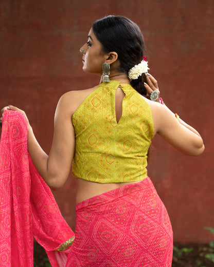 Cerise Pink And Green Bandhanii Pattern Digital Print Sequins Georgette Saree With Lace Border