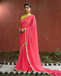 Cerise Pink And Green Bandhanii Pattern Digital Print Sequins Georgette Saree With Lace Border