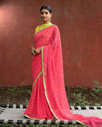 Cerise Pink And Green Bandhanii Pattern Digital Print Sequins Georgette Saree With Lace Border