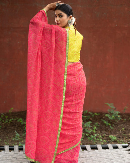 Cerise Pink And Green Bandhanii Pattern Digital Print Sequins Georgette Saree With Lace Border