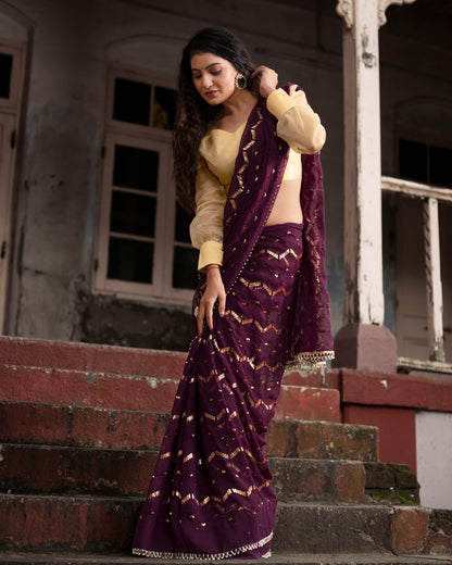 Wine Purple Chevron Pattern Sequins Georgette Saree with Pearl Work Lace Border