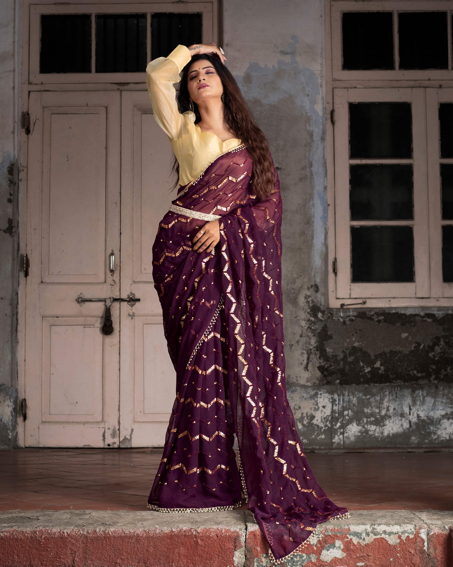 Wine Purple Chevron Pattern Sequins Georgette Saree with Pearl Work Lace Border