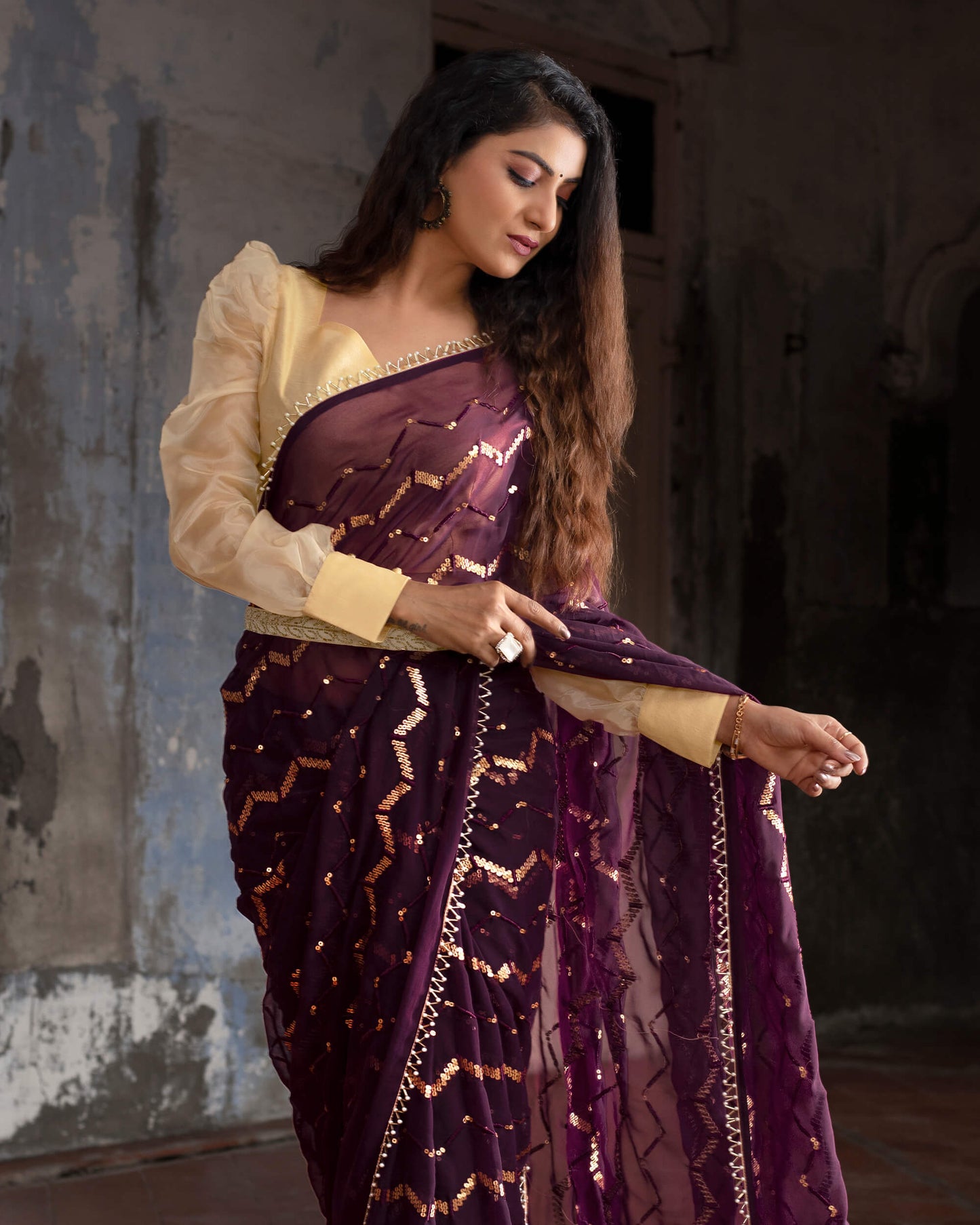 Wine Purple Chevron Pattern Sequins Georgette Saree with Pearl Work Lace Border