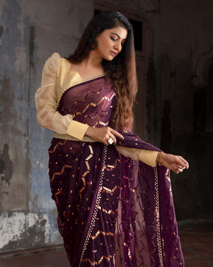 Wine Purple Chevron Pattern Sequins Georgette Saree with Pearl Work Lace Border