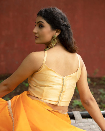 Fire Yellow Plain Liquid Organza Saree With Lace Border
