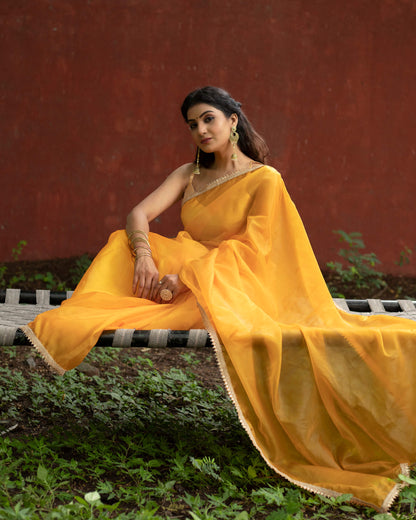 Fire Yellow Plain Liquid Organza Saree With Lace Border
