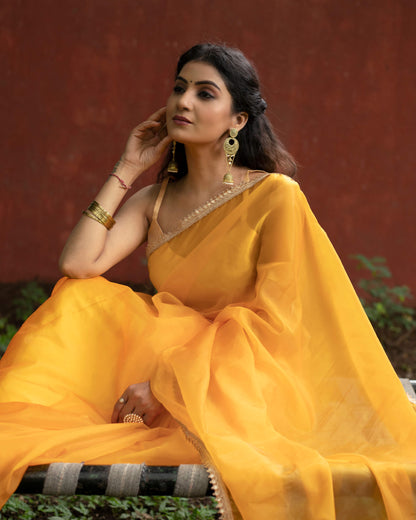 Fire Yellow Plain Liquid Organza Saree With Lace Border