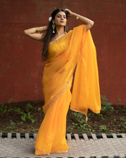Fire Yellow Plain Liquid Organza Saree With Lace Border