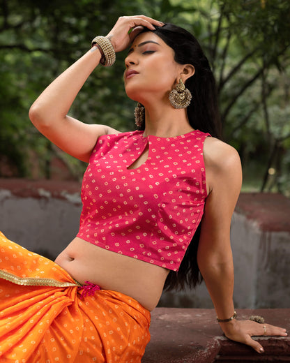 Apricot Orange And Magenta Pink Bandhanii Pattern Digital Print Crepe SilkÂ Saree With Lace Border