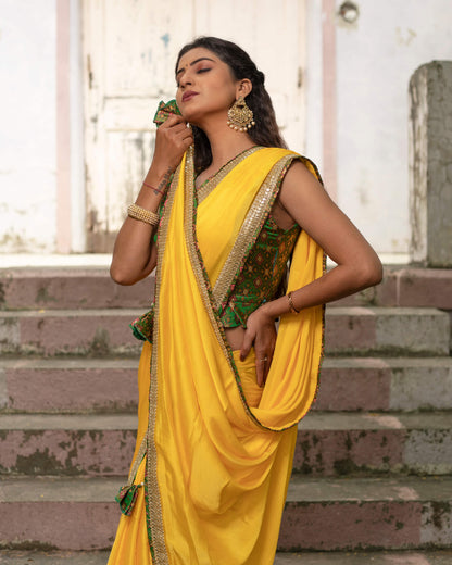 Yellow Plain Chiffon Satin Saree With Premium Bandhani Lace Border