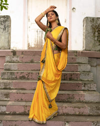 Yellow Plain Chiffon Satin Saree With Premium Bandhani Lace Border