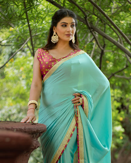 Turkish Blue Plain Chiffon Satin Saree With Premium Bandhani Lace Border