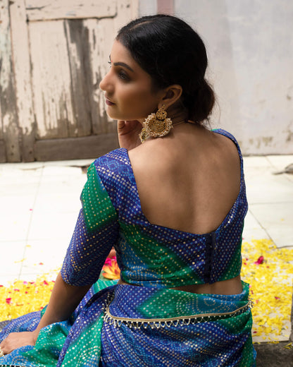 Blue And Green Bandhanii Pattern Kota Doria Saree With Pearl Work Lace Border