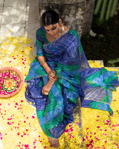 Blue And Green Bandhanii Pattern Kota Doria Saree With Pearl Work Lace Border