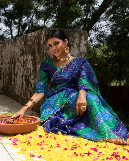 Blue And Green Bandhanii Pattern Kota Doria Saree With Pearl Work Lace Border