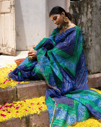Blue And Green Bandhanii Pattern Kota Doria Saree With Pearl Work Lace Border
