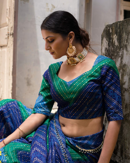 Blue And Green Bandhanii Pattern Kota Doria Saree With Pearl Work Lace Border