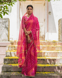 Magenta Pink And Red Bandhanii Pattern Kota Doria Saree With Lace Border