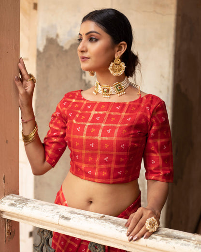 Blood Red Bandhanii Pattern Kota Doria Saree With Lace Border