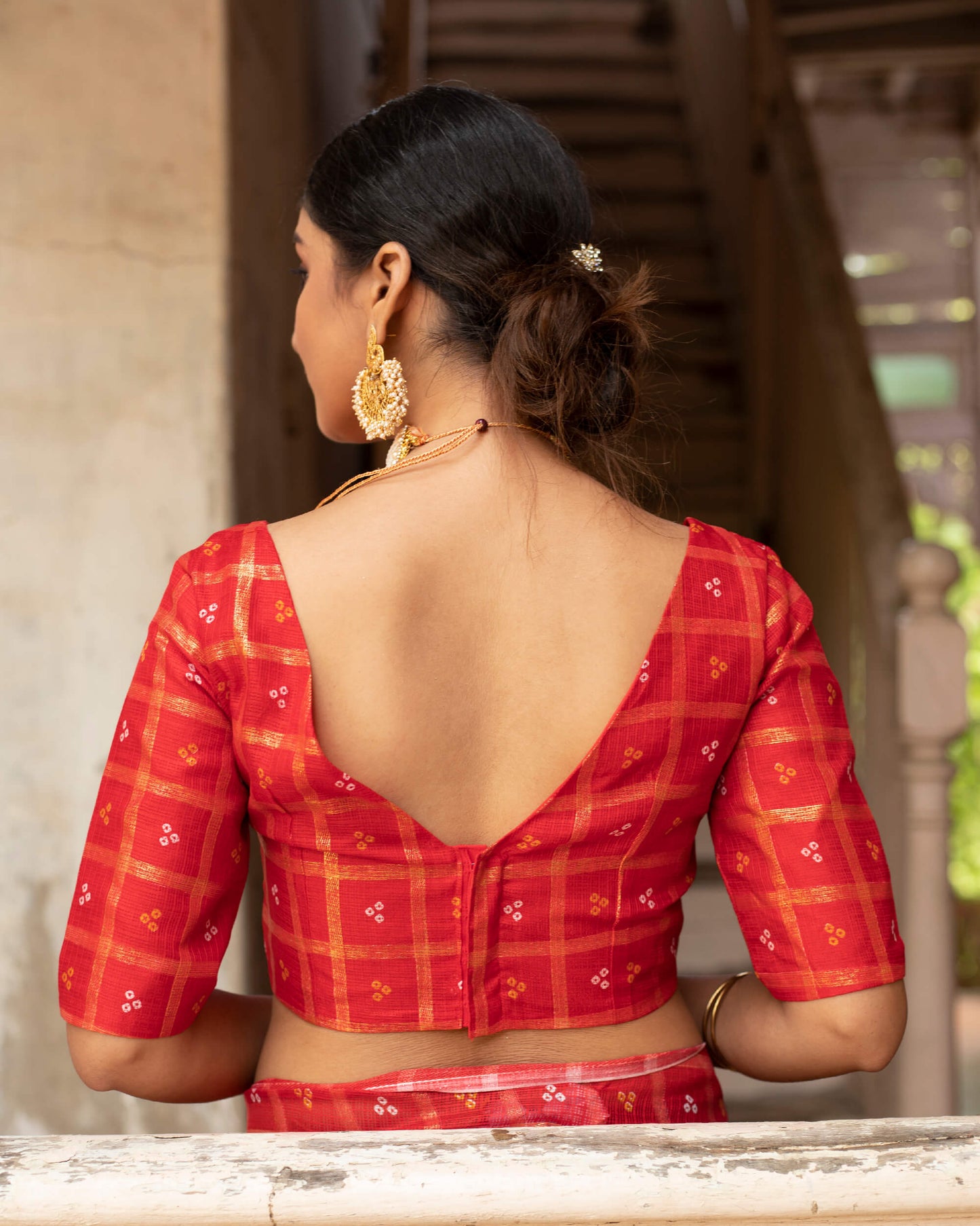 Blood Red Bandhani Pattern Kota Doria Saree With Lace Border