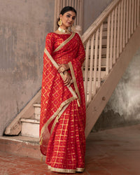 Blood Red Bandhanii Pattern Kota Doria Saree With Lace Border