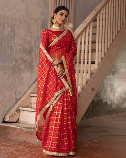 Blood Red Bandhanii Pattern Kota Doria Saree With Lace Border