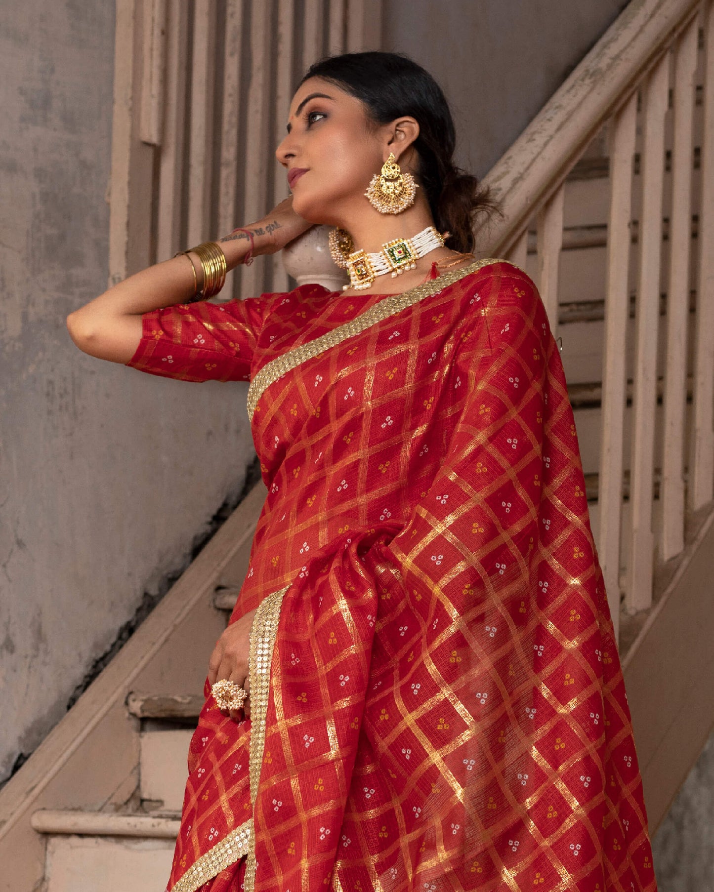 Blood Red Bandhani Pattern Kota Doria Saree With Lace Border