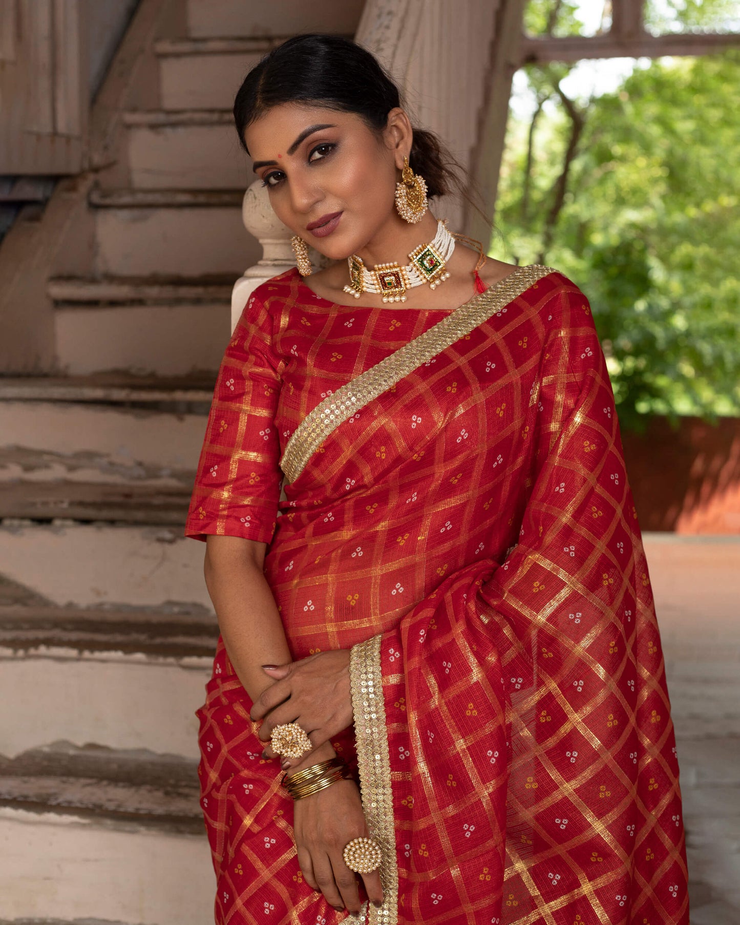 Blood Red Bandhani Pattern Kota Doria Saree With Lace Border