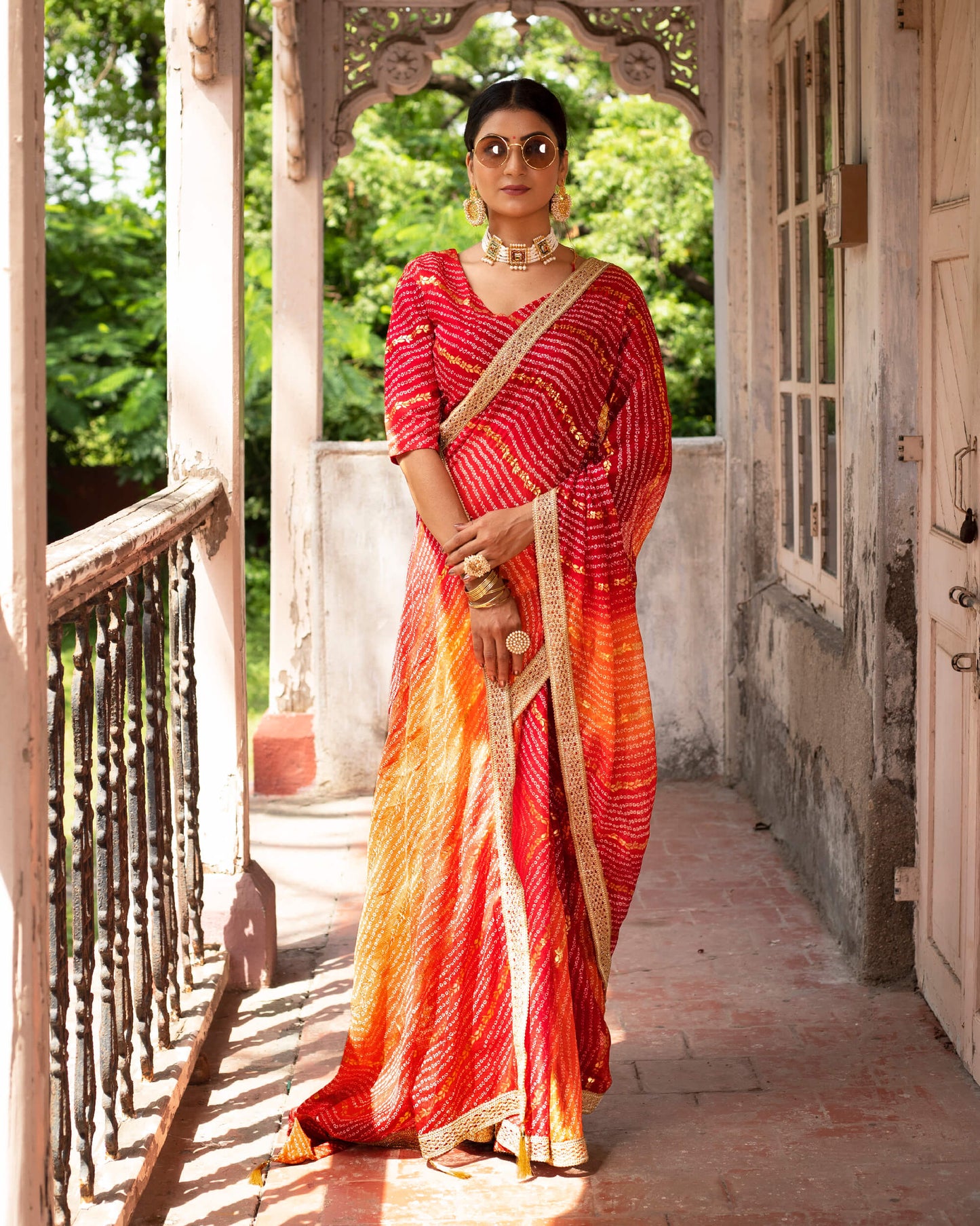 Burnt Orange And Red Bandhani Pattern Kota Doria Saree With Lace Border