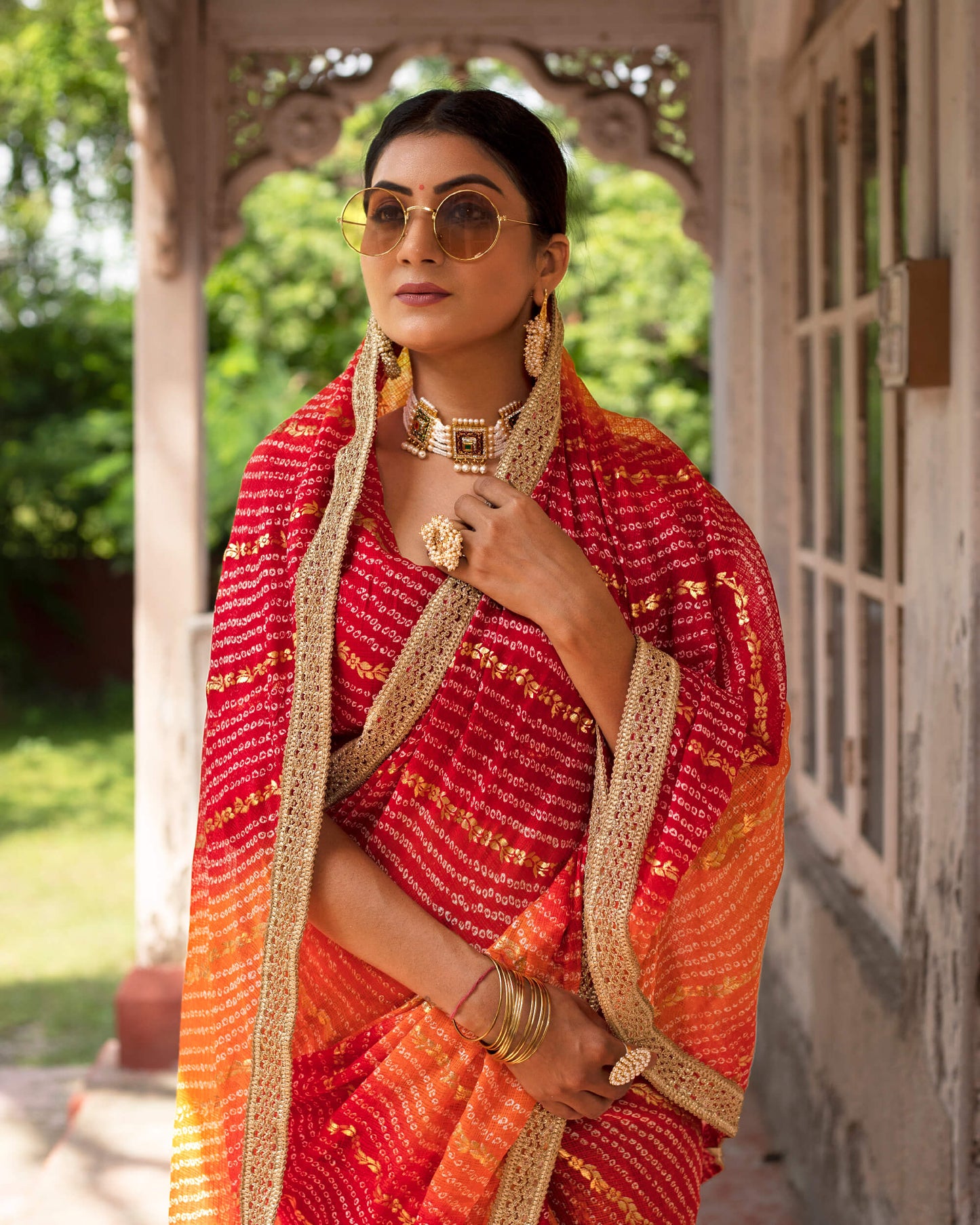 Burnt Orange And Red Bandhani Pattern Kota Doria Saree With Lace Border