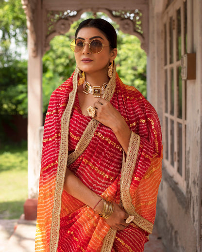 Burnt Orange And Red Bandhanii Pattern Kota Doria Saree With Lace Border