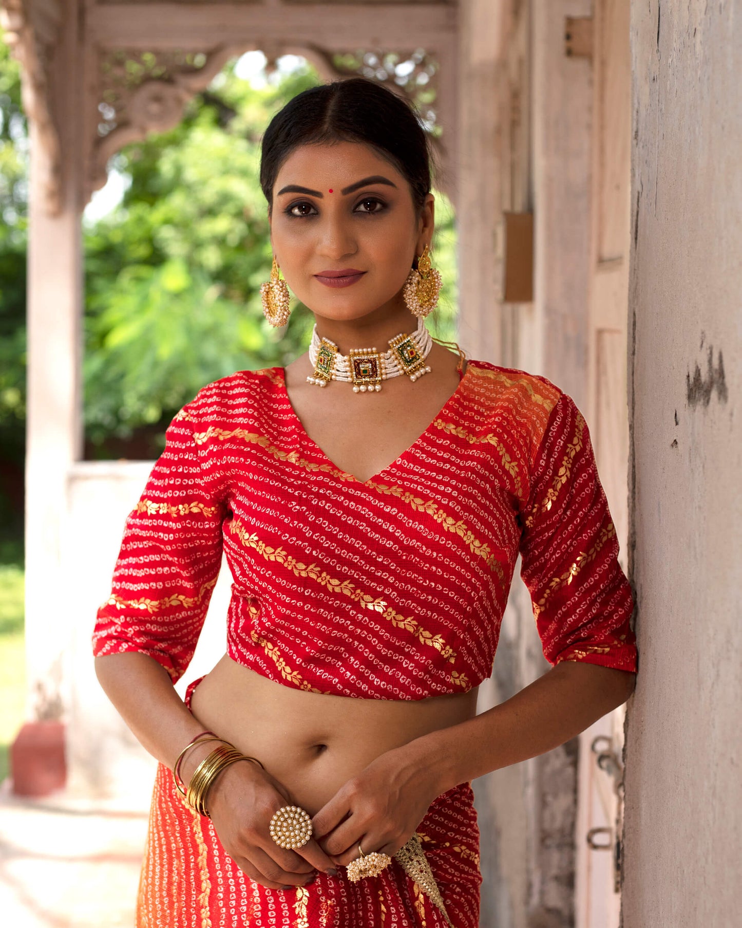 Burnt Orange And Red Bandhani Pattern Kota Doria Saree With Lace Border