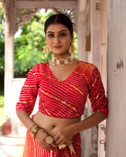 Burnt Orange And Red Bandhanii Pattern Kota Doria Saree With Lace Border