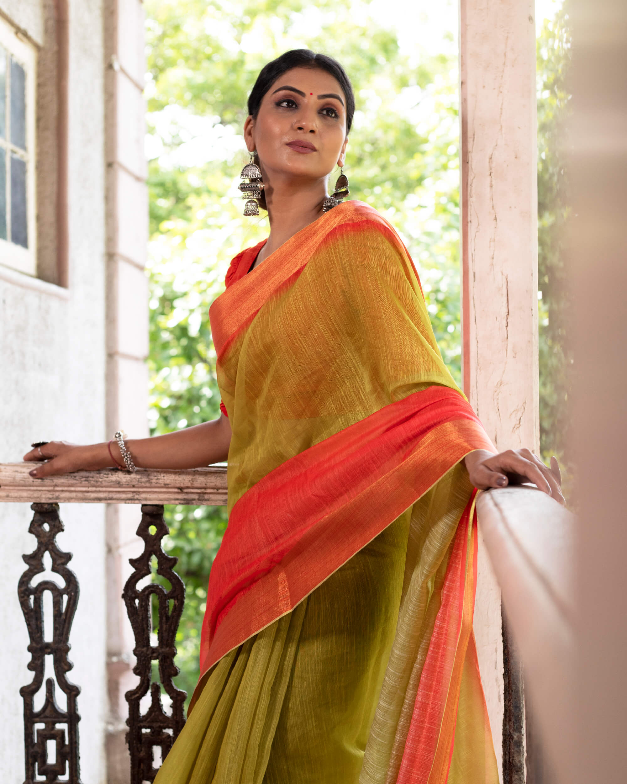 Orange and Green Combination Party Wear Saree Blouse Design