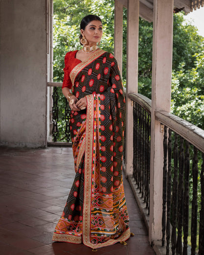 Black And Red Bandhanii Pattern Digital Print Georgette Satin Saree With Premium Lace