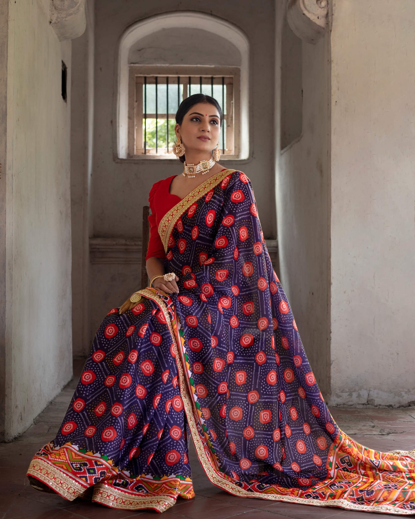 Navy Blue And Red Bandhani Pattern Digital Print Georgette Satin Saree With Premium Lace