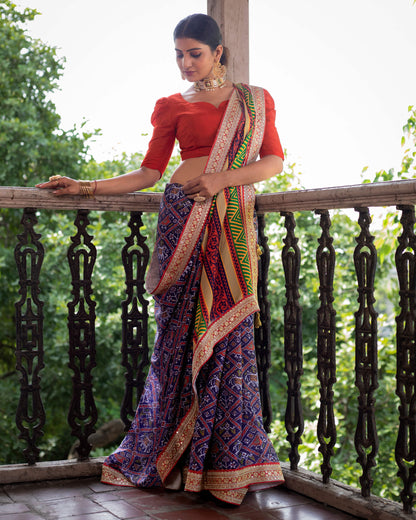 Navy Blue And Red Patolaa Pattern Digital Print Georgette Satin Saree With Premium Lace